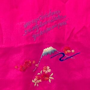 40s pink silk scarf, “Merry Christmas to my dear sister”, made in occupied Japan